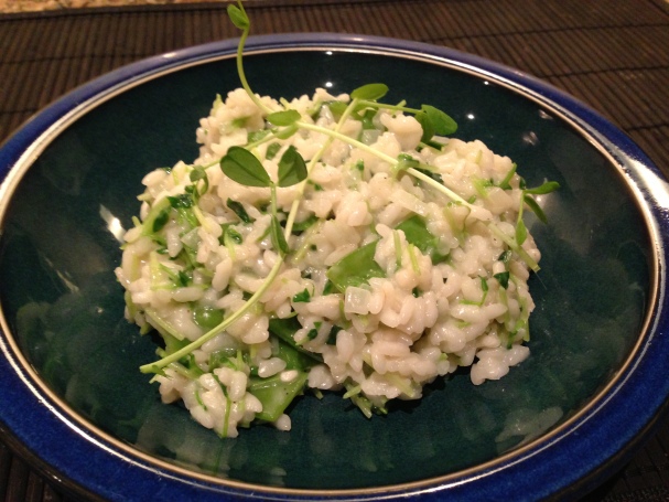Pea shoots and snow pea risotto